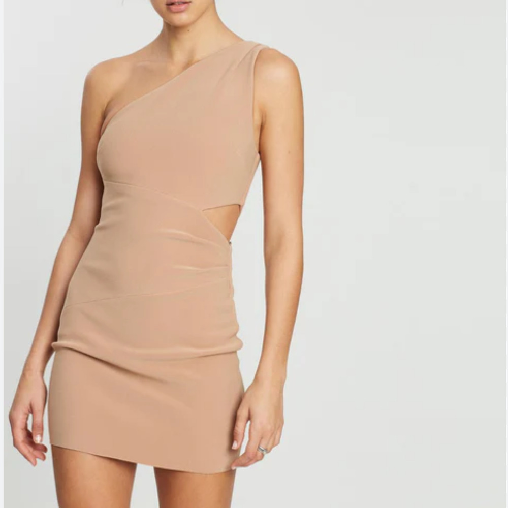 Bec + Bridge Elke Mini Dress Womens 2 Nude Beige One Shoulder Cutout Bodycon
